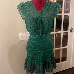 Veronica Beard cotton dress, flattering ruched waist, delicate ruffle sleeves.